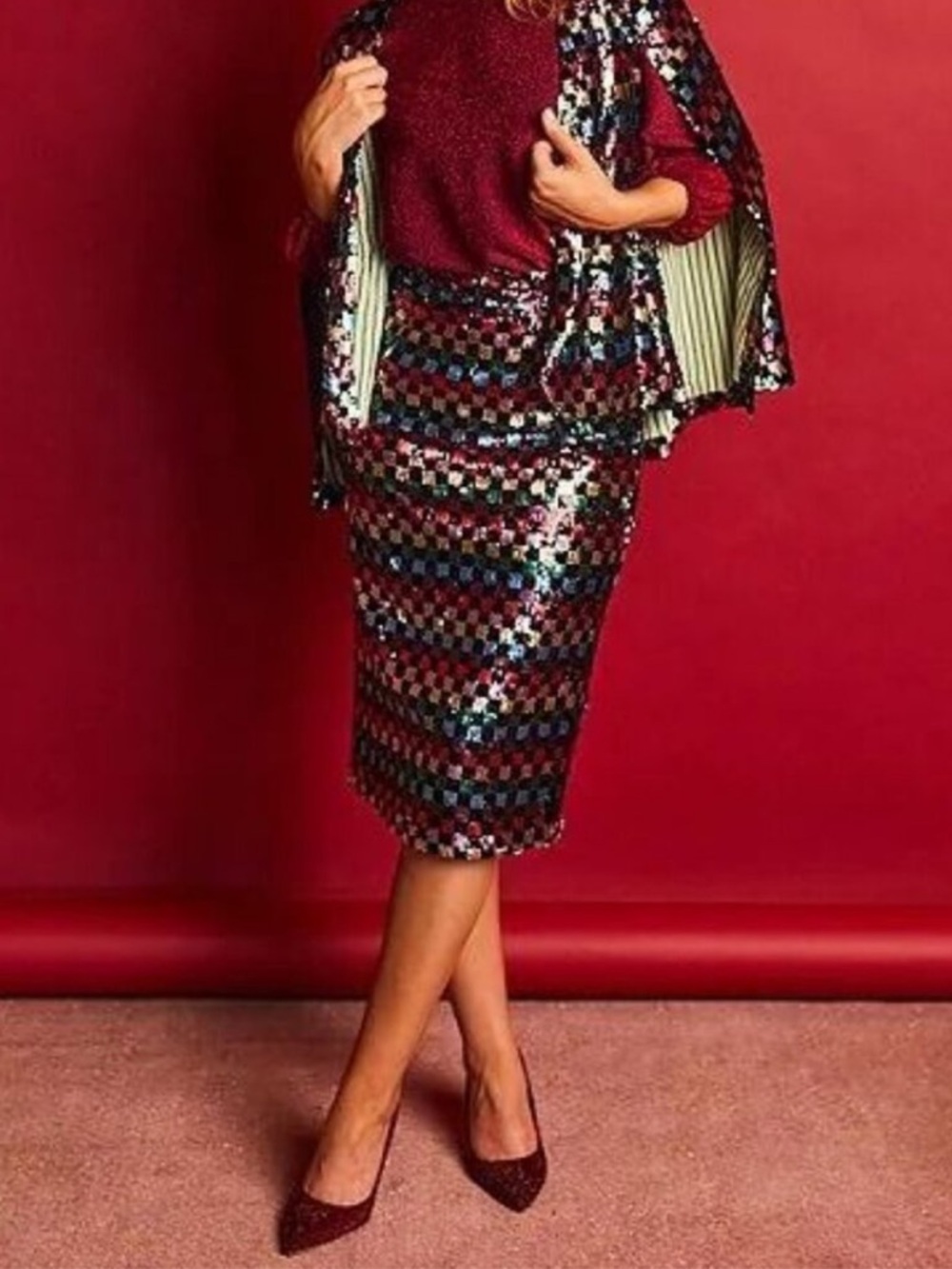 NWT Buru Checkered Knit Sequin Pencil Mod Midi Skirt Black Party Sz XS